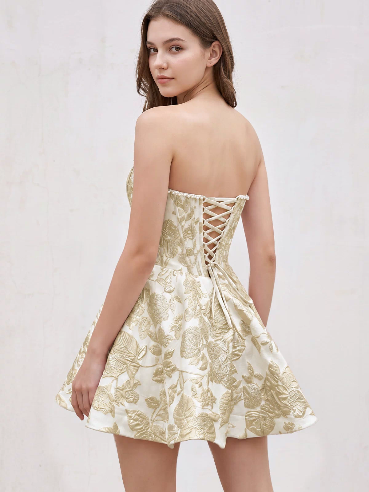 Yellow Jacquard A-Line Strapless Corset Homecoming Dress With Pearl | KISSPROM