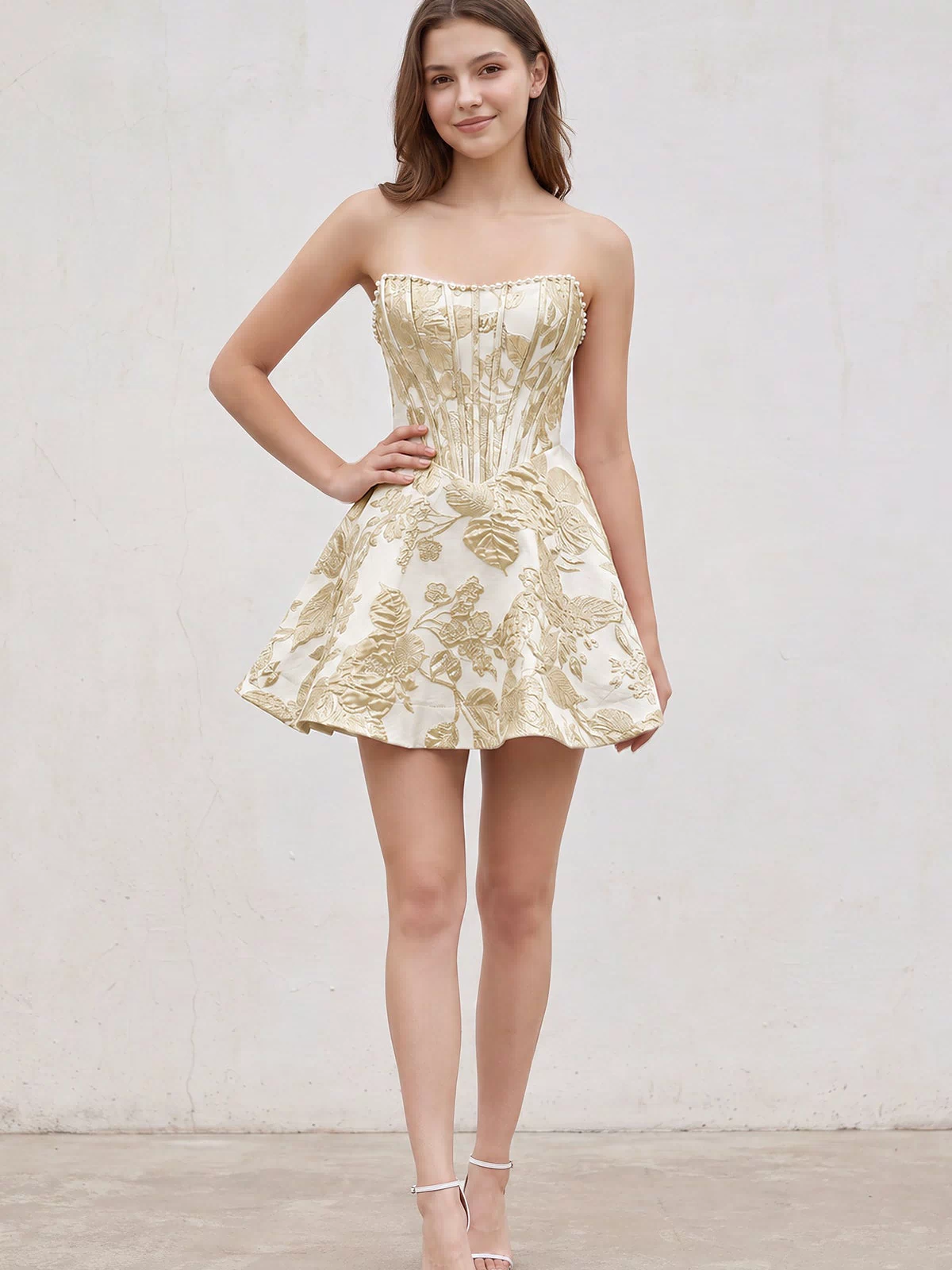 Yellow Jacquard A-Line Strapless Corset Homecoming Dress With Pearl | KISSPROM