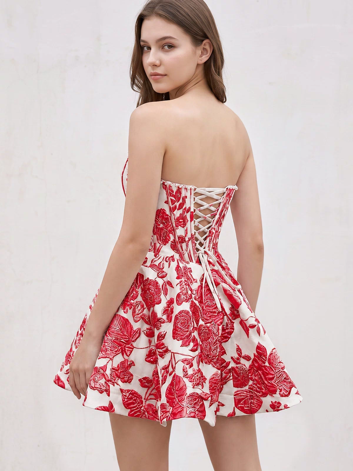 Red Jacquard A-Line Strapless Corset Homecoming Dress With Pearl (2) | KISSPROM