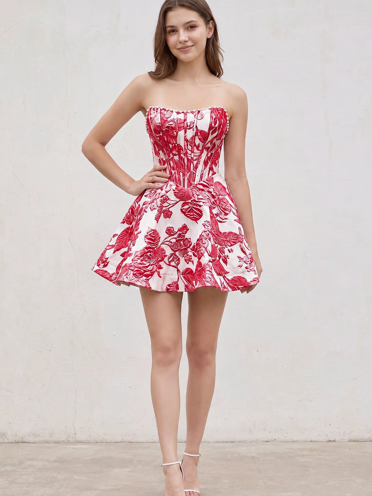 Red Jacquard A-Line Strapless Corset Homecoming Dress With Pearl (3) | KISSPROM