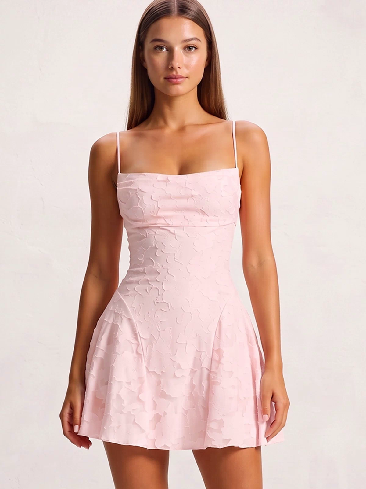 Pink Spaghetti Straps Jacquard Satin A-Line Homecoming Dress | KISSPROM