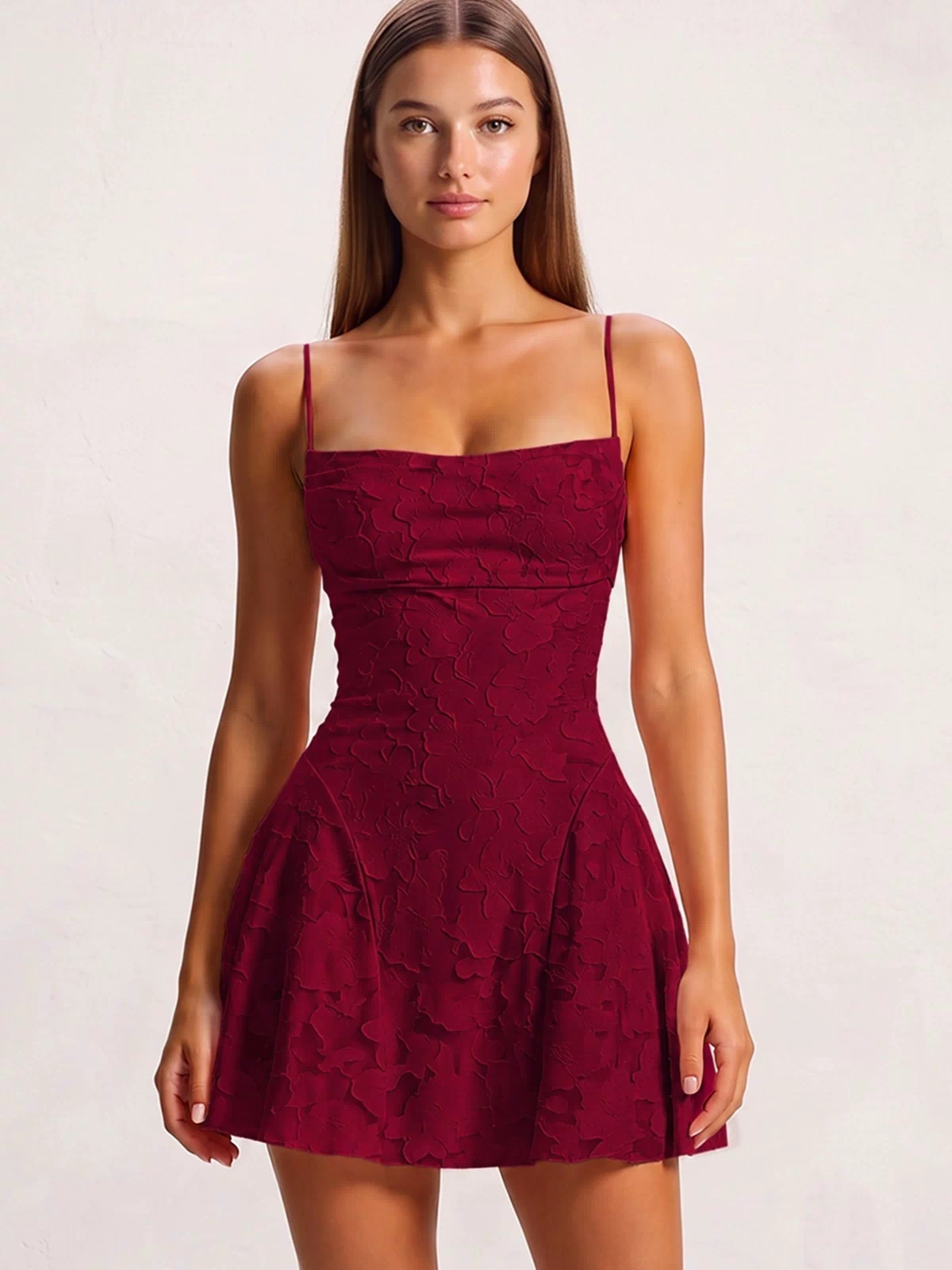Burgundy Spaghetti Straps Jacquard Satin A-Line Homecoming Dress | KISSPROM