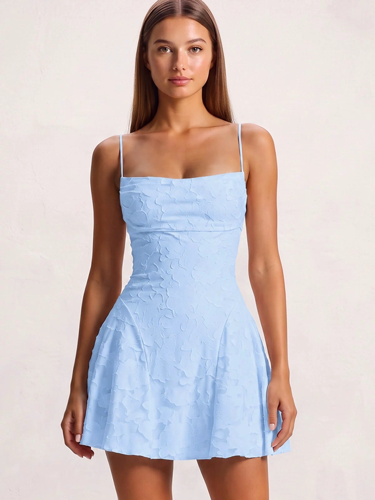 Sky Blue Spaghetti Straps Jacquard Satin A-Line Homecoming Dress | KISSPROM