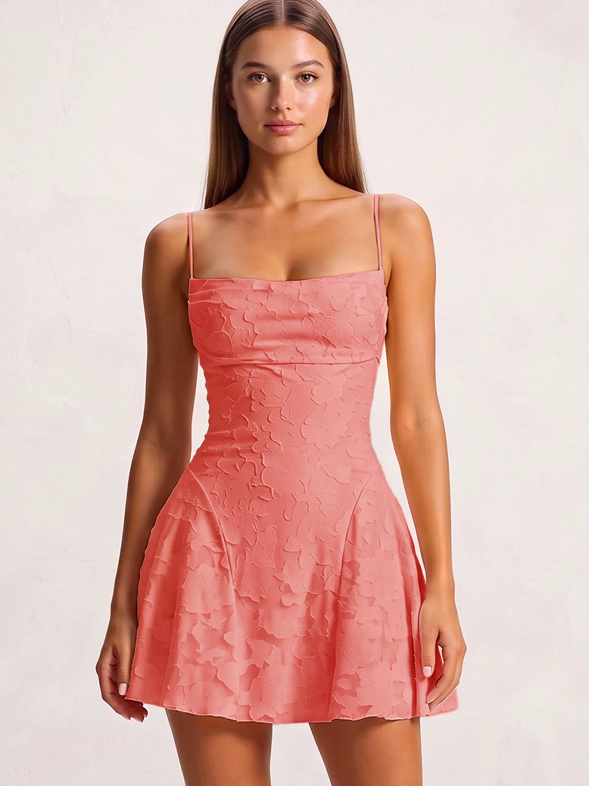 Coral Pink Spaghetti Straps Jacquard Chiffon A-Line Homecoming Dress (3) | KISSPROM