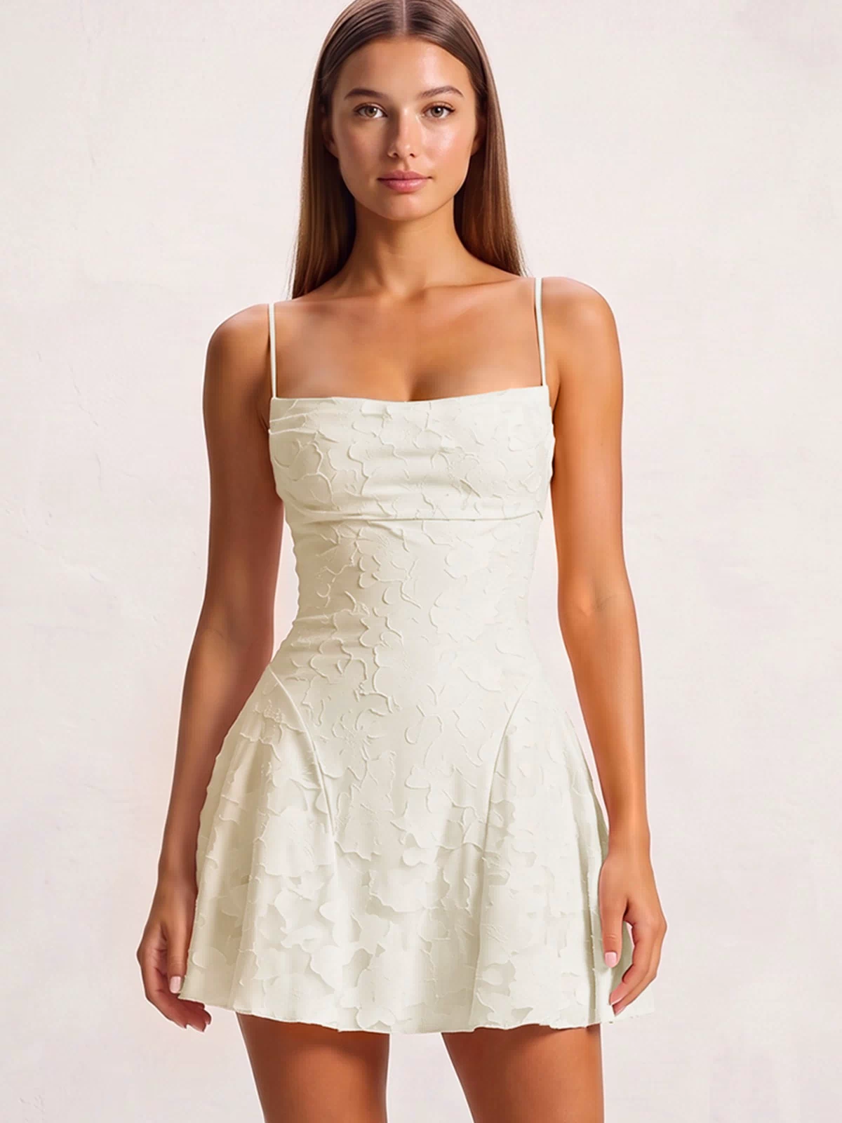 Ivory Spaghetti Straps Jacquard Chiffon A-Line Homecoming Dress (3) | KISSPROM