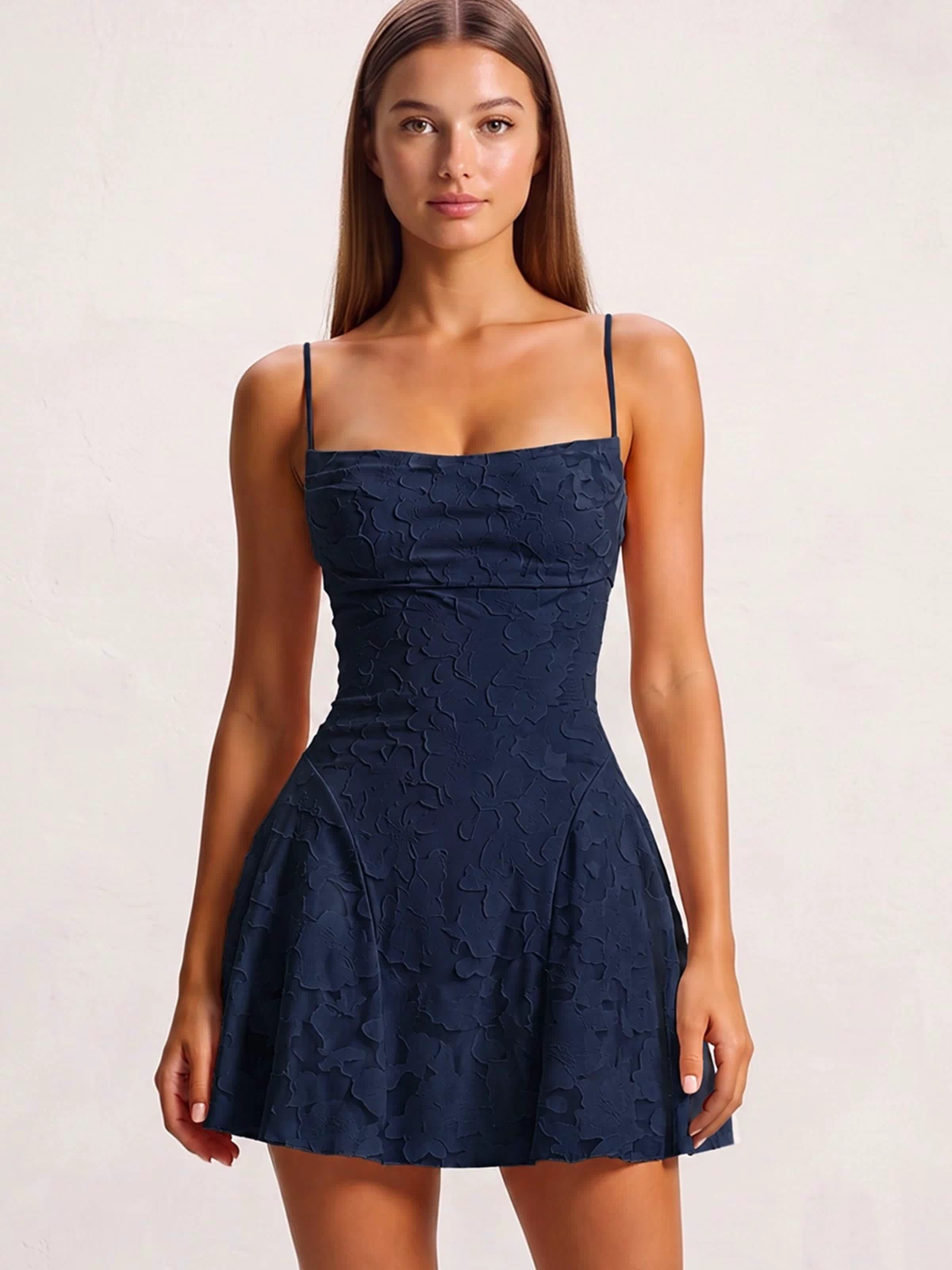 Navy Blue Spaghetti Straps Jacquard Chiffon A-Line Homecoming Dress (3) | KISSPROM