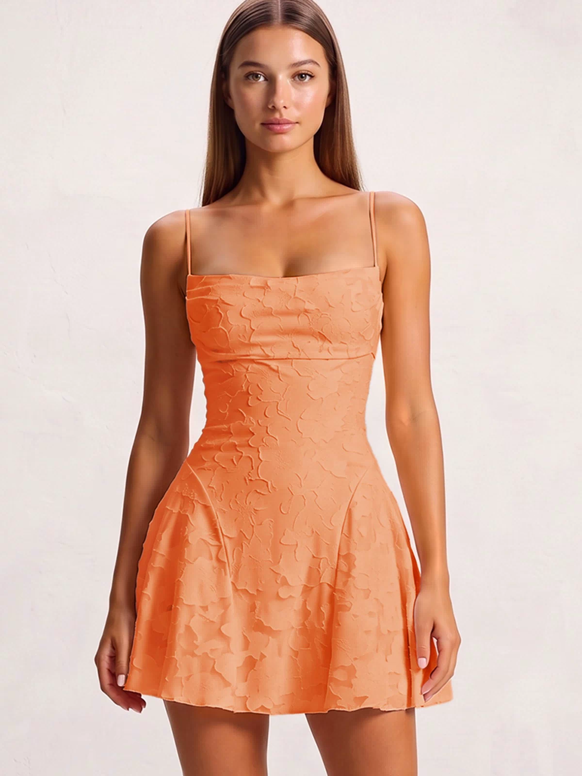 Orange Spaghetti Straps Jacquard Chiffon A-Line Homecoming Dress (3) | KISSPROM