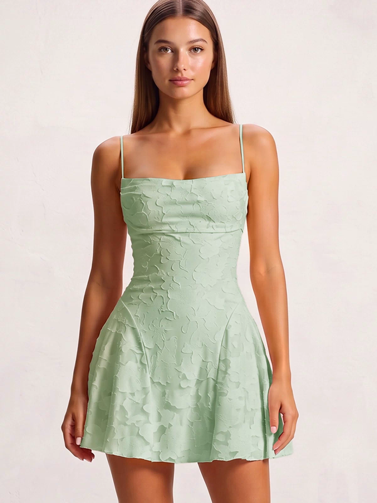 Sage Green Spaghetti Straps Jacquard Chiffon A-Line Homecoming Dress (3) | KISSPROM