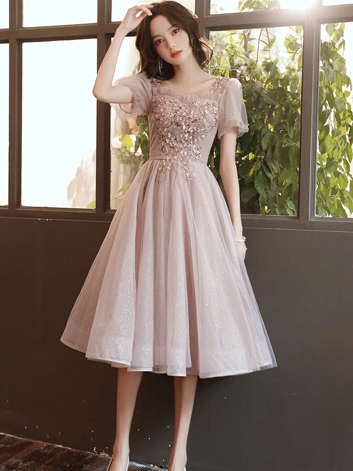 Pink tulle Lace Short Prom Dress, Pink Homecoming Dress
