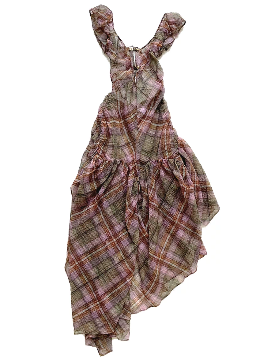 Plaid Puff Chiffon Asymmetrical Dress Earth Tartan