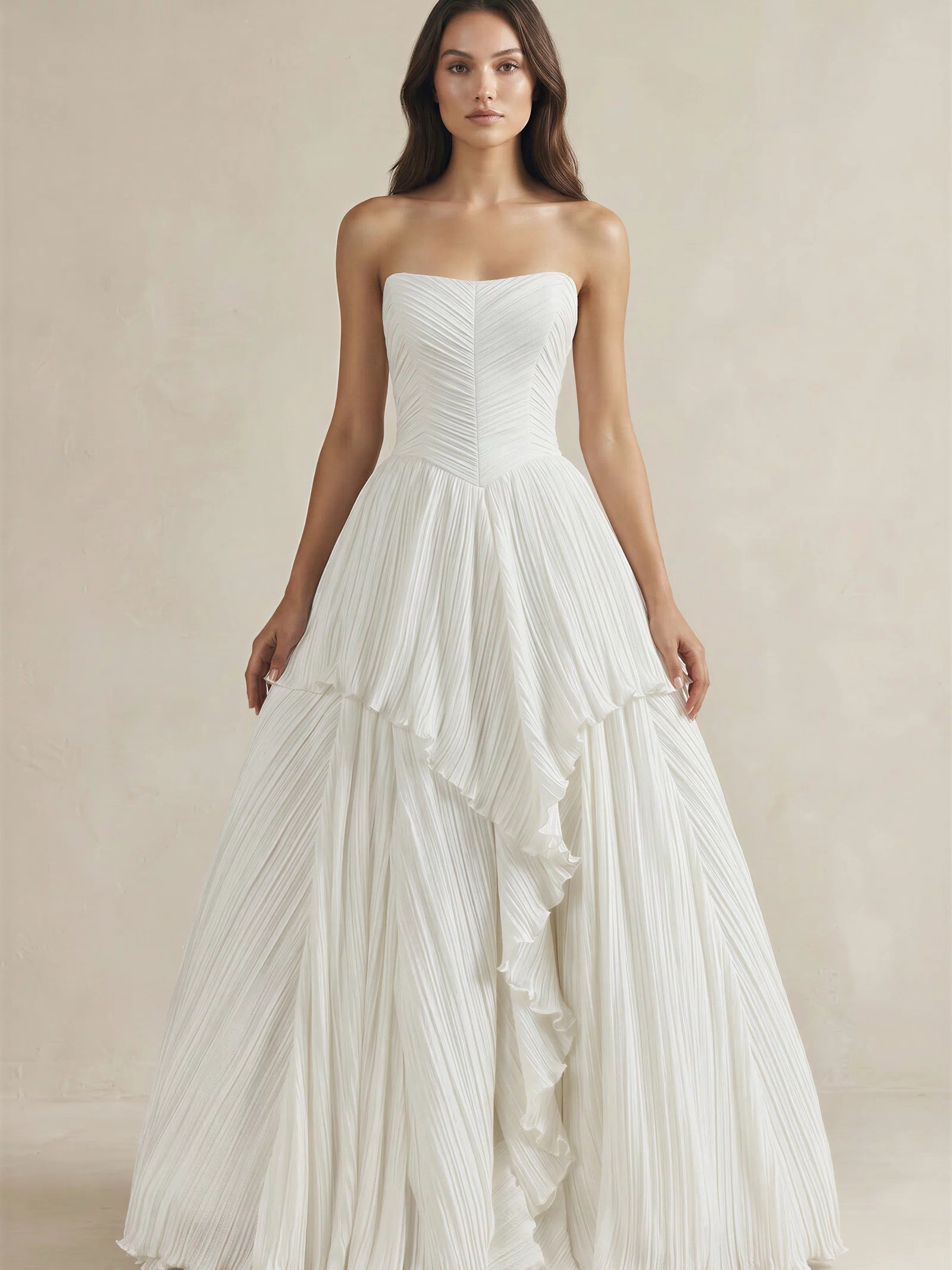 Pleated A-Line Ruffled Strapless Wedding Dress in White
