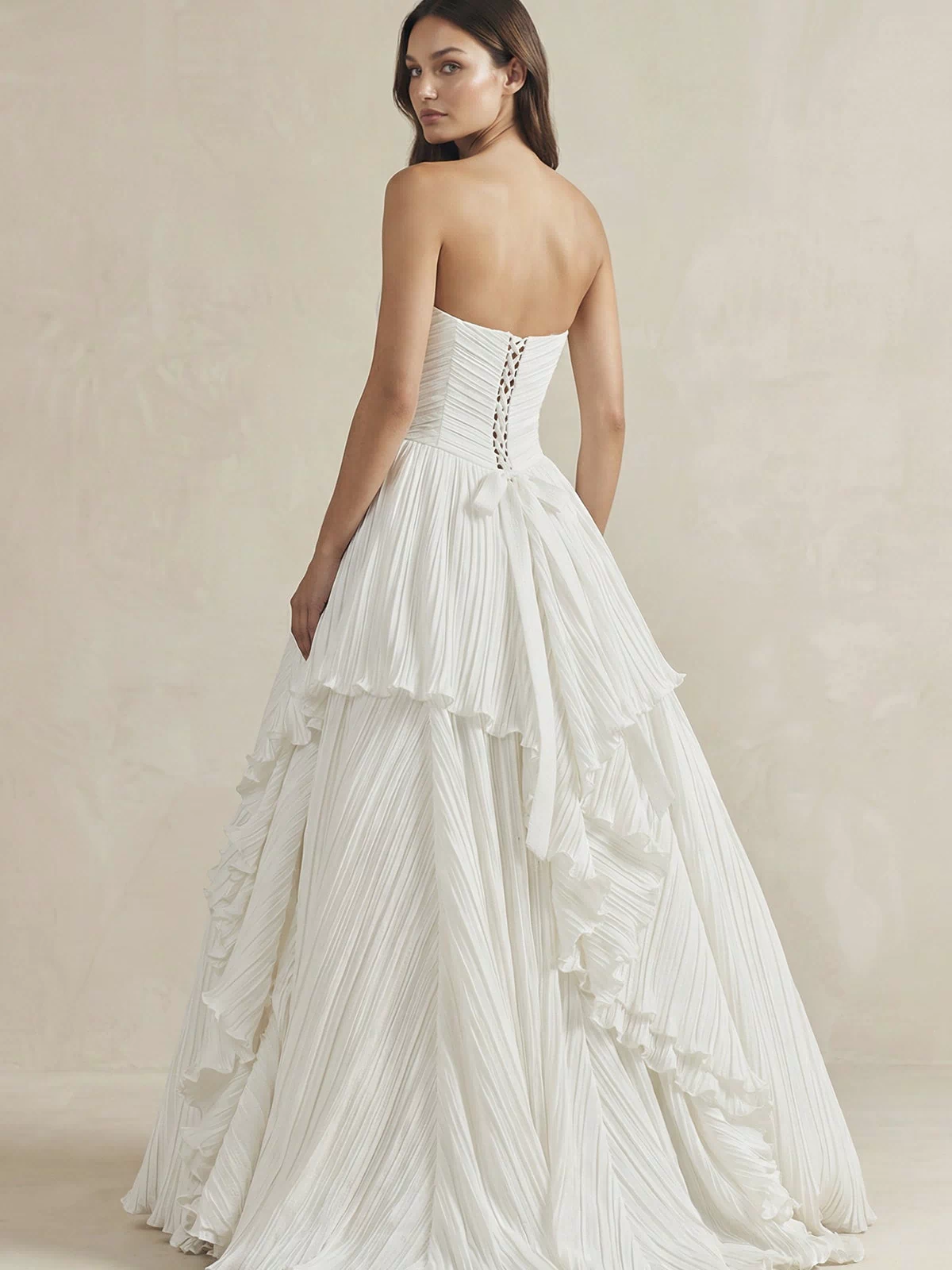 Pleated A - Line Ruffled Strapless Wedding Dress in White - KISS BRIDAL Wedding Dresses