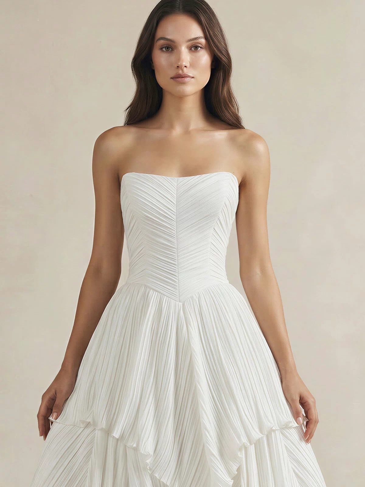 Pleated A - Line Ruffled Strapless Wedding Dress in White - KISS BRIDAL Wedding Dresses