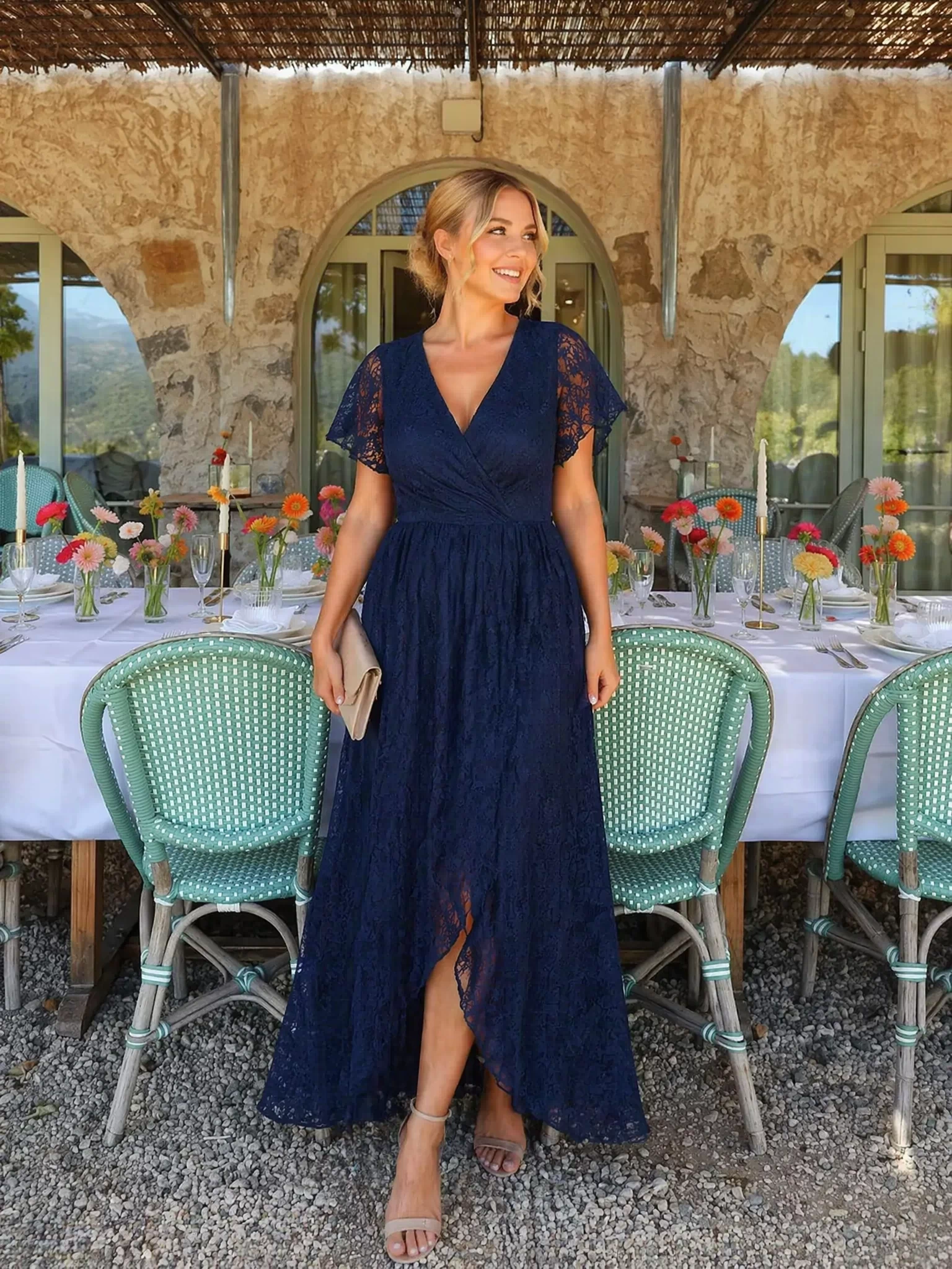 Pleated V-Neck Short Sleeve Ruffled Lace Evening Dress #color_Navy Blue