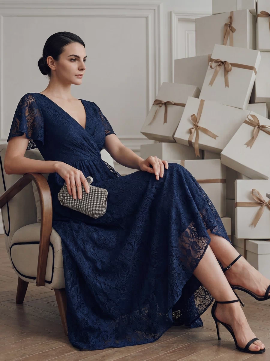 Pleated V-Neck Short Sleeve Ruffled Lace Evening Dress #color_Navy Blue