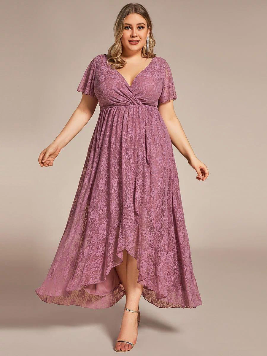 Pleated V-Neck Short Sleeve Ruffled Lace Evening Dress #color_Purple Orchid