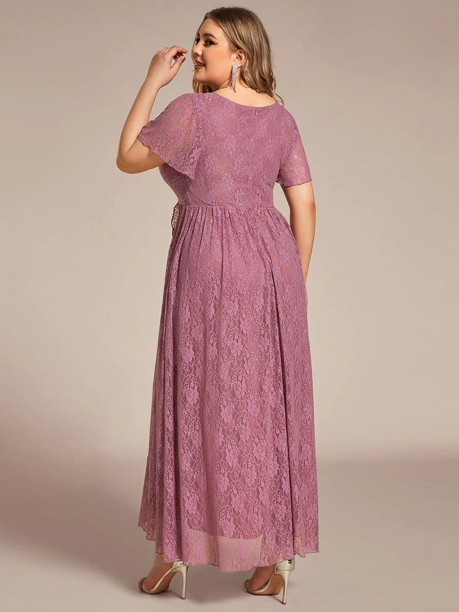 Pleated V-Neck Short Sleeve Ruffled Lace Evening Dress #color_Purple Orchid