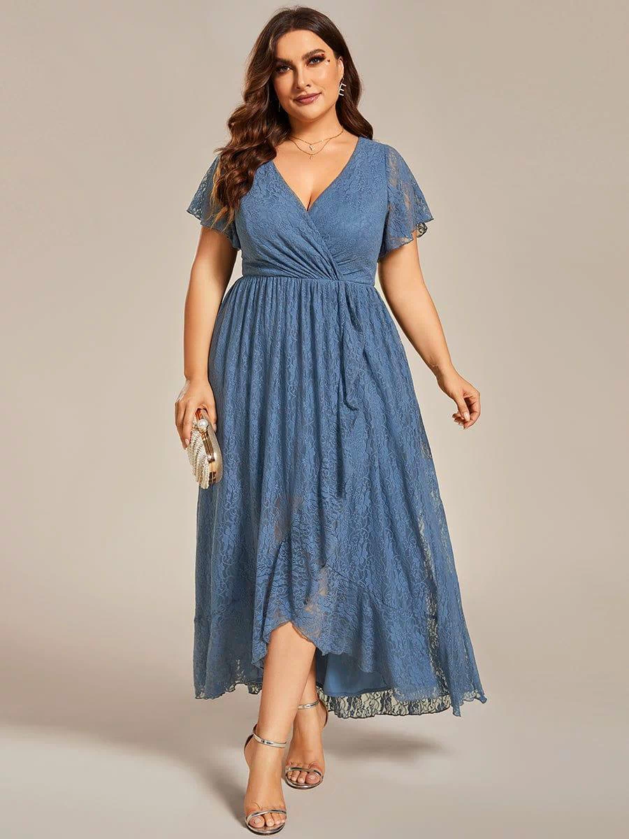 Pleated V-Neck Short Sleeve Ruffled Lace Evening Dress #color_Dusty Blue