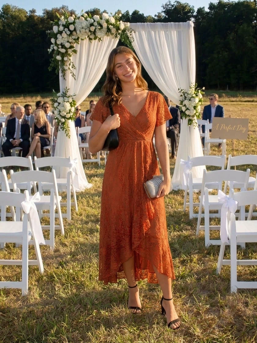 Pleated V-Neck Short Sleeve Ruffled Lace Evening Dress #color_Burnt Orange