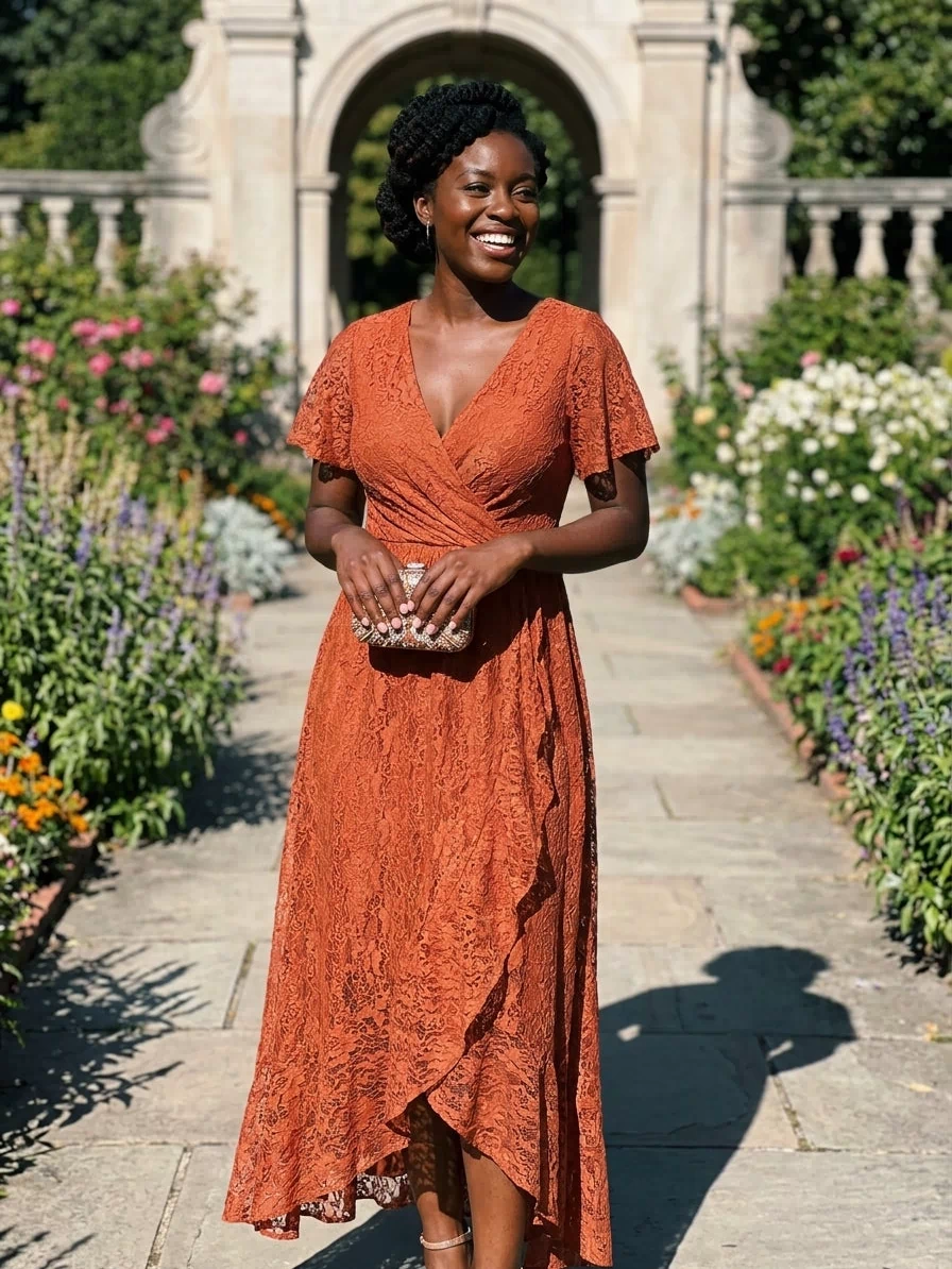 Pleated V-Neck Short Sleeve Ruffled Lace Evening Dress #color_Burnt Orange
