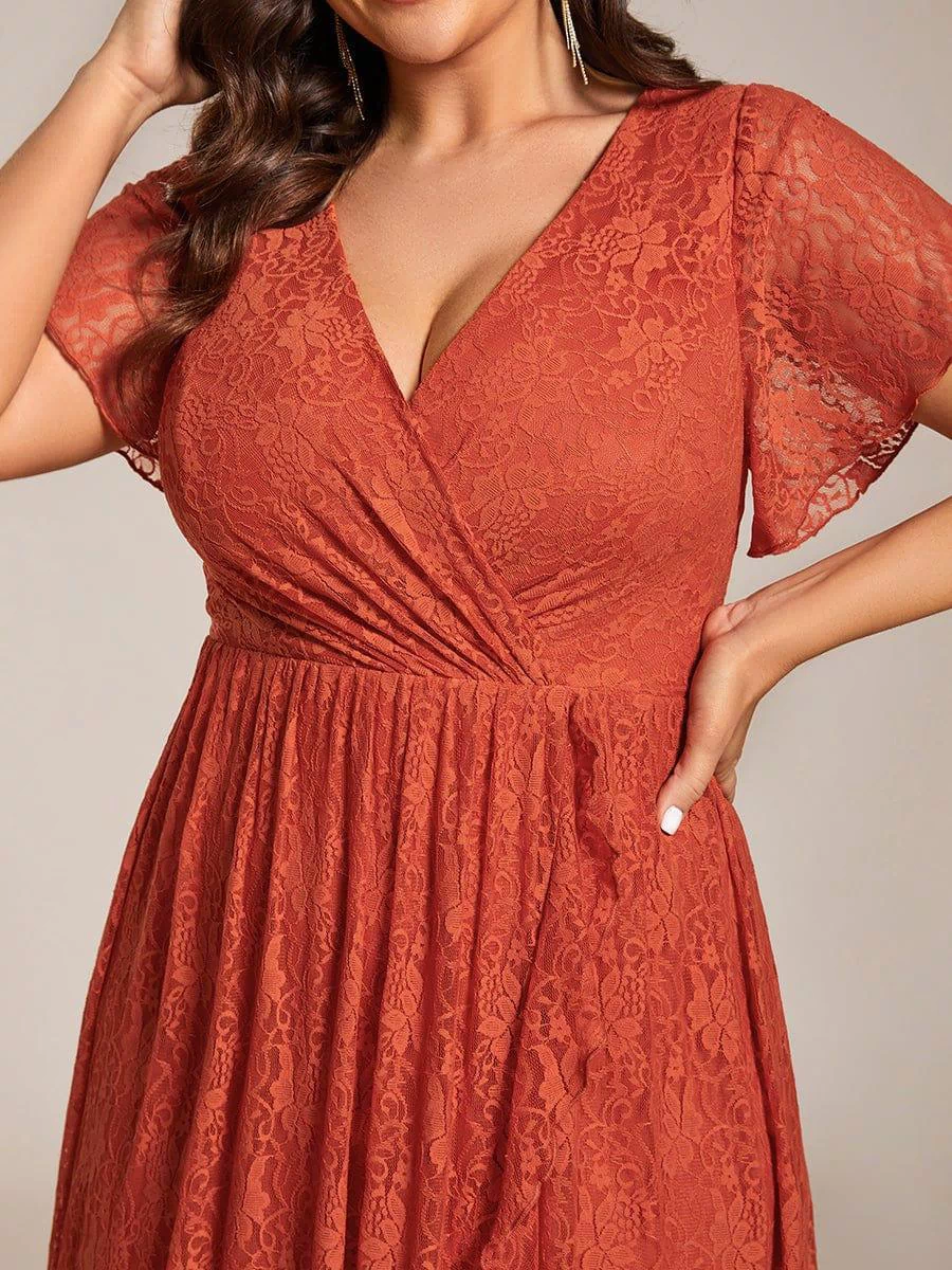 Pleated V-Neck Short Sleeve Ruffled Lace Evening Dress #color_Burnt Orange