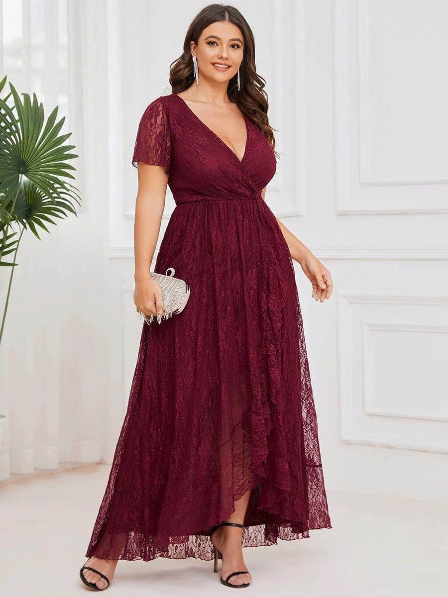 Pleated V-Neck Short Sleeve Ruffled Lace Evening Dress #color_Burgundy