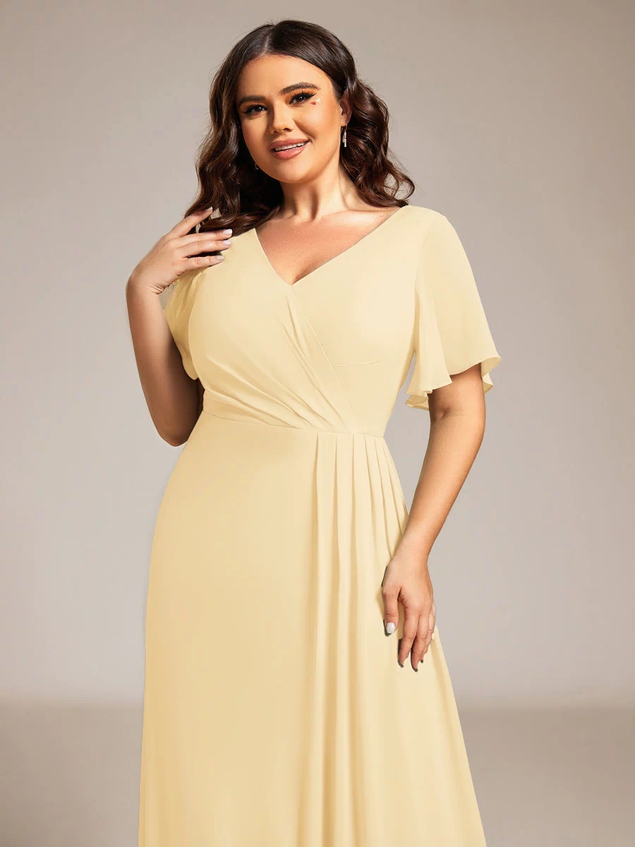 A-Line Ruffle Sleeves and High Slit Chiffon Bridesmaid Dress with V-Neck #color_Yellow