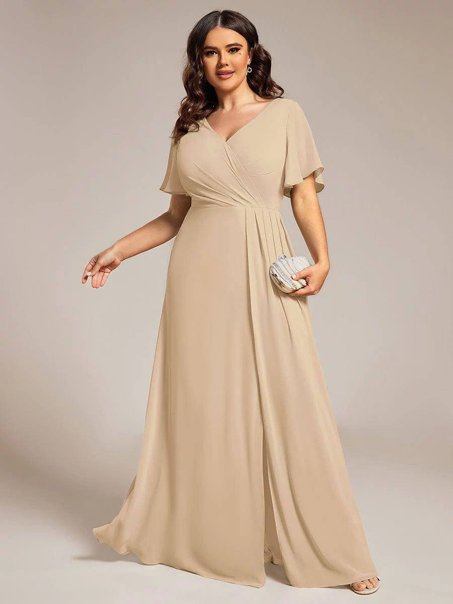 A-Line Ruffle Sleeves and High Slit Chiffon Bridesmaid Dress with V-Neck #Color_Champagne