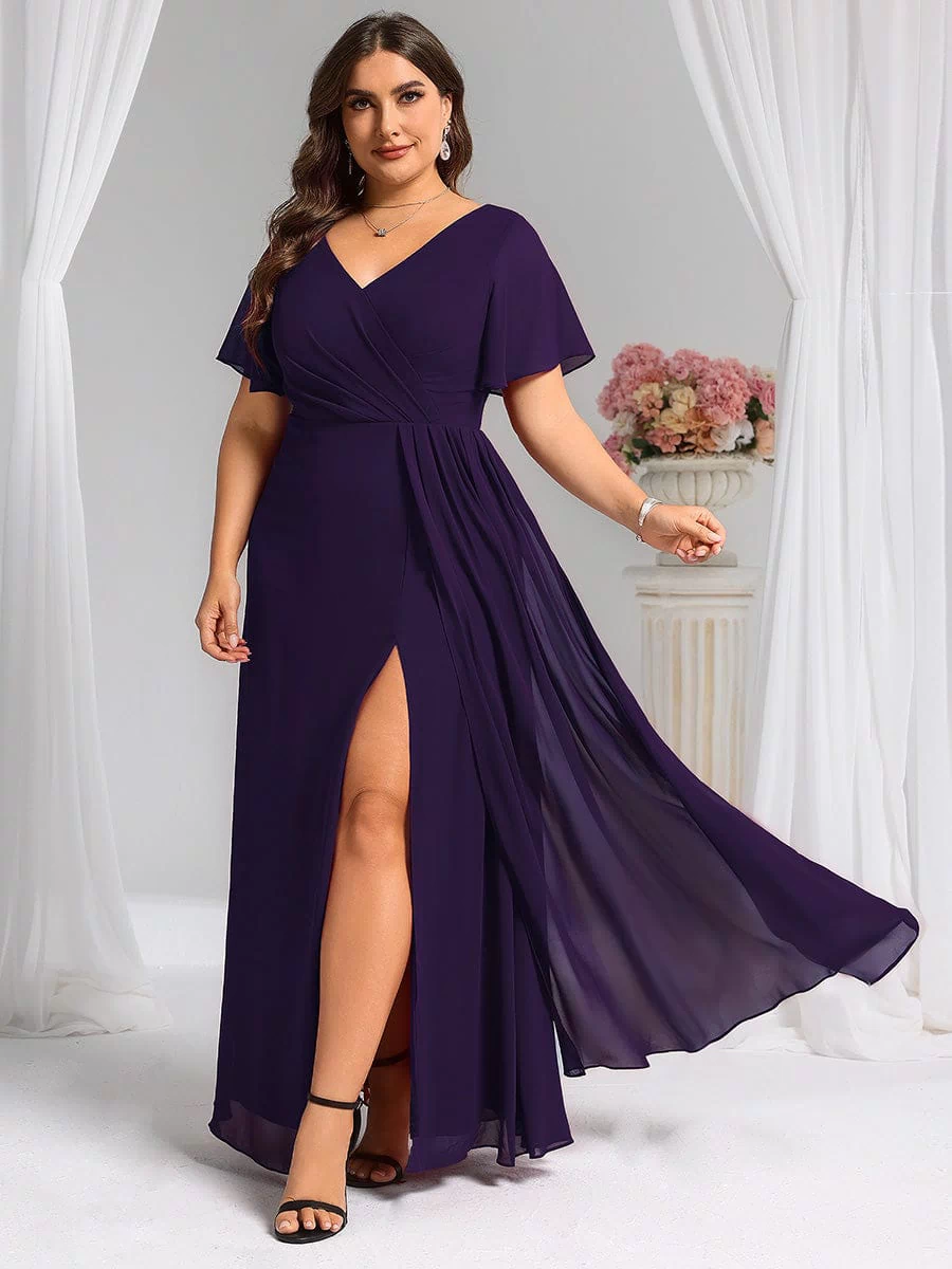 A-Line Ruffle Sleeves and High Slit Chiffon Bridesmaid Dress with V-Neck #color_Dark Purple