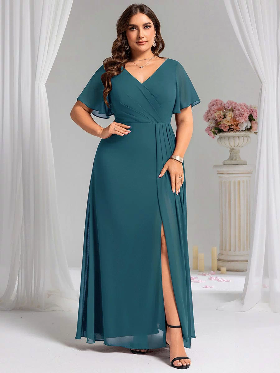 A-Line Ruffle Sleeves and High Slit Chiffon Bridesmaid Dress with V-Neck #color_Teal