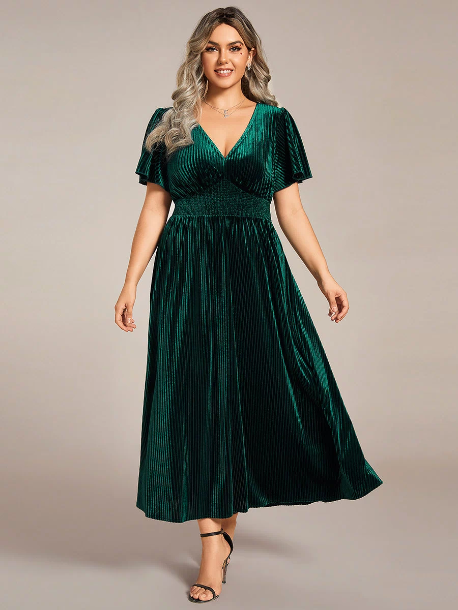 pretty AZALEA|Plus Size A-line V-Neck Short Sleeve Velvet Wedding Guest Dress