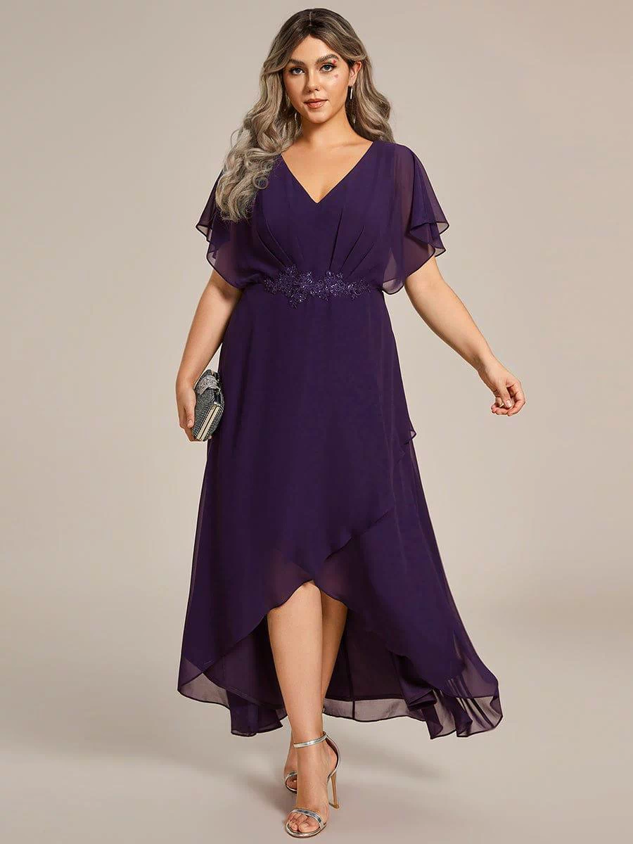 pretty LILAS|Plus Size Chiffon Midi A-Line Ruffle Sleeves Bridesmaid Dress