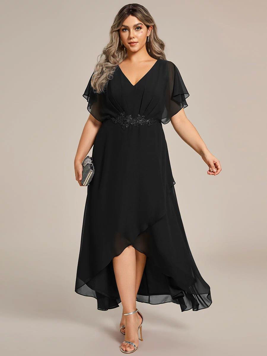 Plus Size Chiffon Midi A-Line Ruffle Sleeves Bridesmaid Dress #color_Black