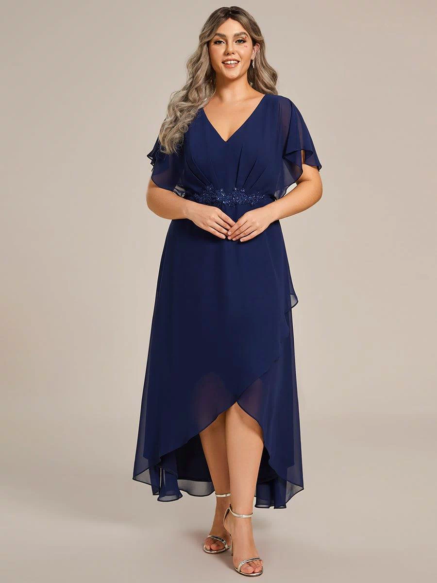 Plus Size Chiffon Midi A-Line Ruffle Sleeves Bridesmaid Dress #color_Navy Blue