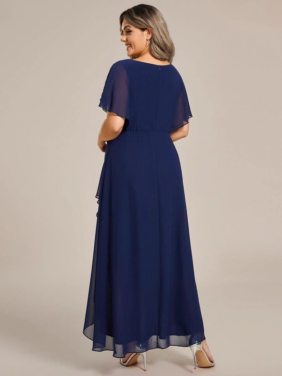 Plus Size Chiffon Midi A-Line Ruffle Sleeves Bridesmaid Dress #color_Navy Blue