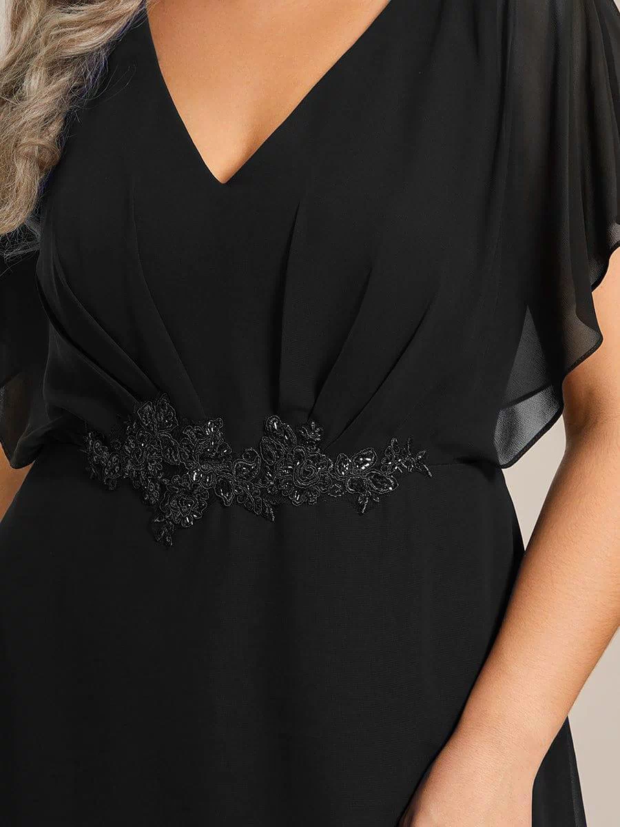 Plus Size Chiffon Midi A-Line Ruffle Sleeves Bridesmaid Dress #color_Black