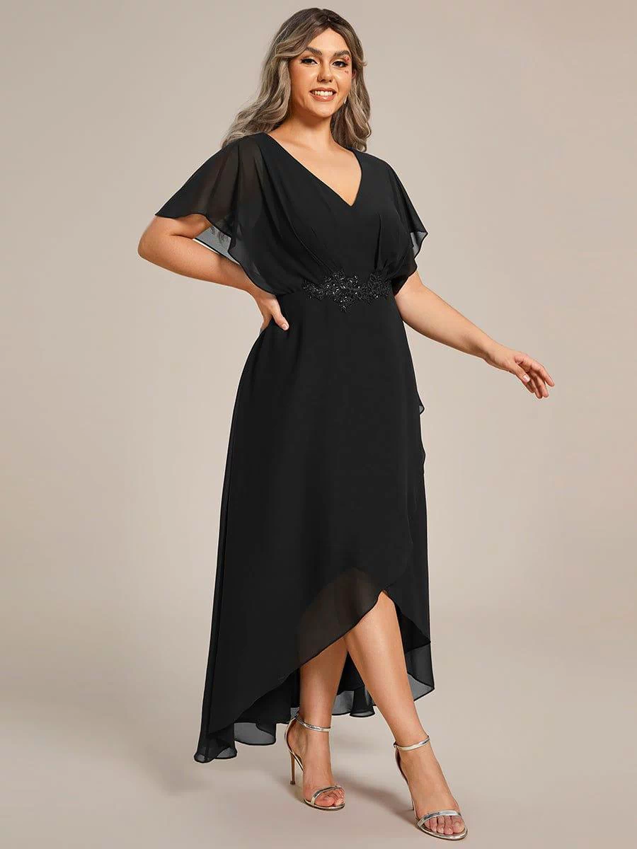 Plus Size Chiffon Midi A-Line Ruffle Sleeves Bridesmaid Dress #color_Black