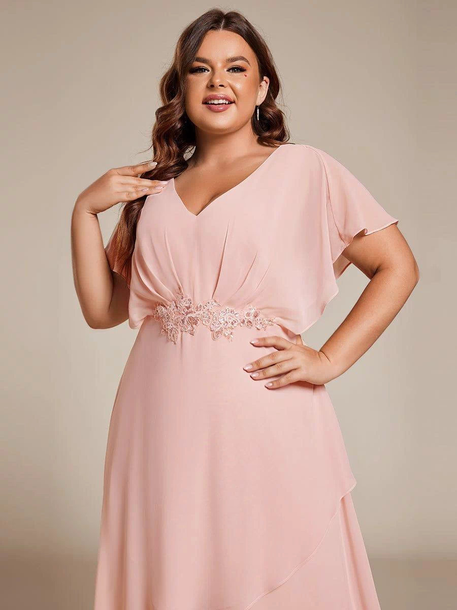 Plus Size Chiffon Midi A-Line Ruffle Sleeves Bridesmaid Dress #color_Pink