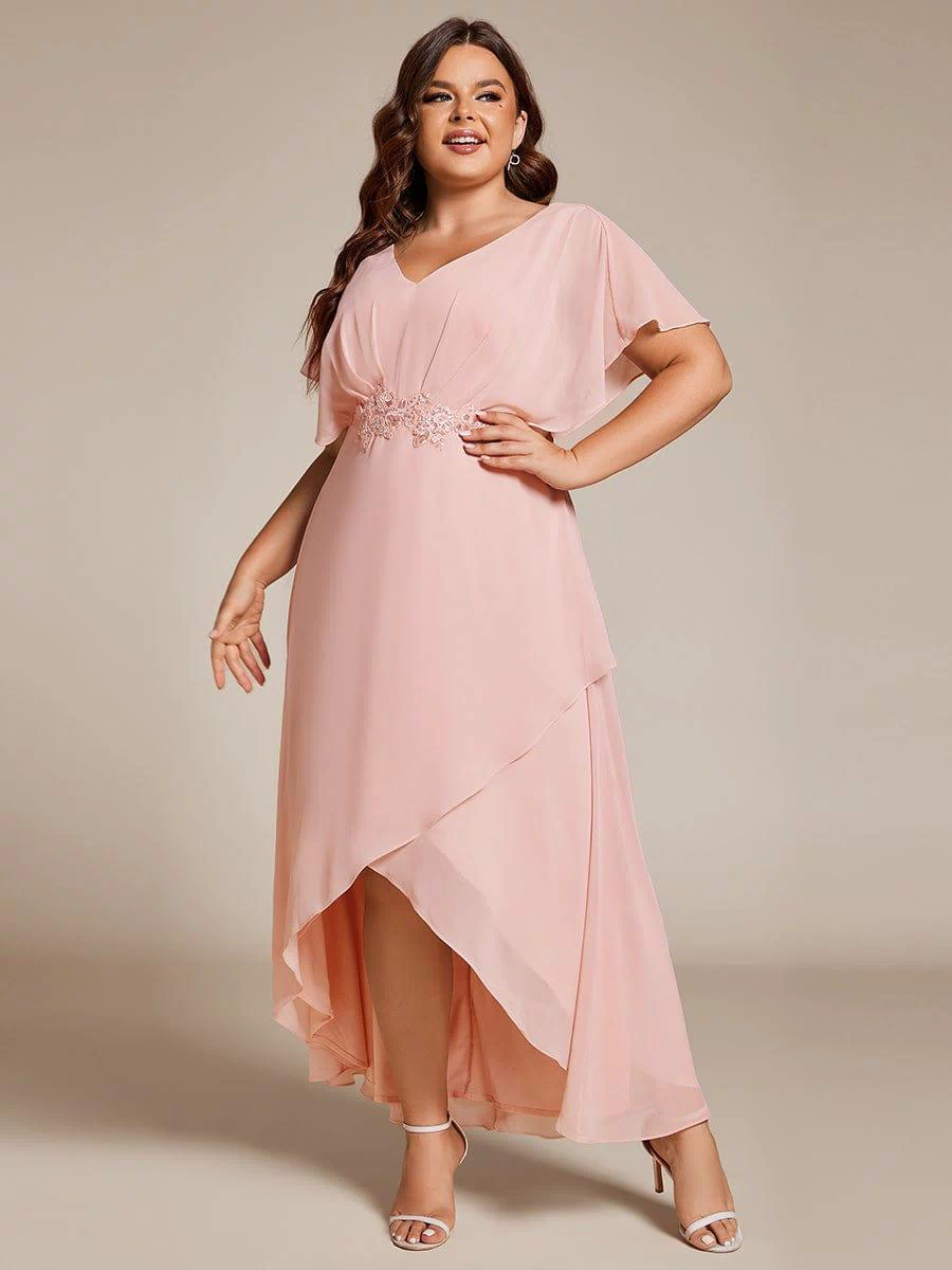 Plus Size Chiffon Midi A-Line Ruffle Sleeves Bridesmaid Dress #color_Pink