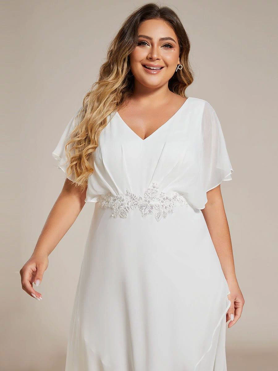 Plus Size Chiffon Midi A-Line Ruffle Sleeves Bridesmaid Dress #color_White