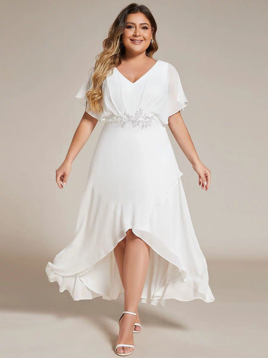 Plus Size Chiffon Midi A-Line Ruffle Sleeves Bridesmaid Dress #color_White