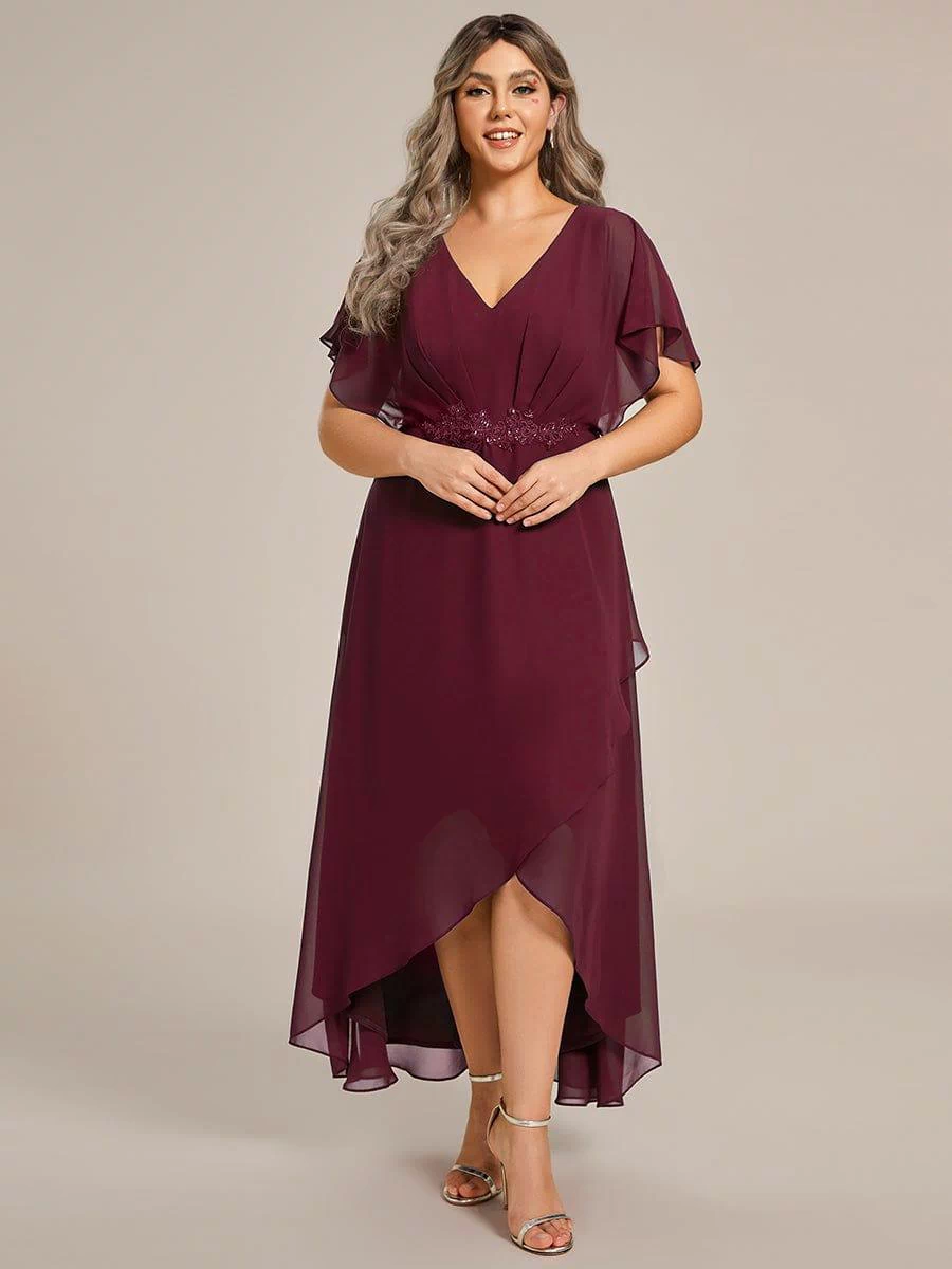 Plus Size Chiffon Midi A-Line Ruffle Sleeves Bridesmaid Dress #color_Burgundy