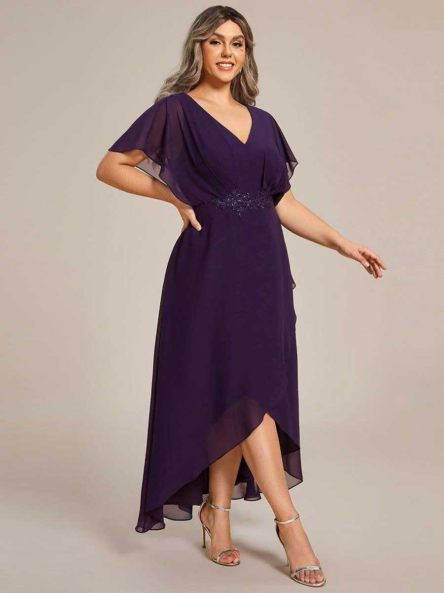 Plus Size Chiffon Midi A-Line Ruffle Sleeves Bridesmaid Dress #color_Dark Purple