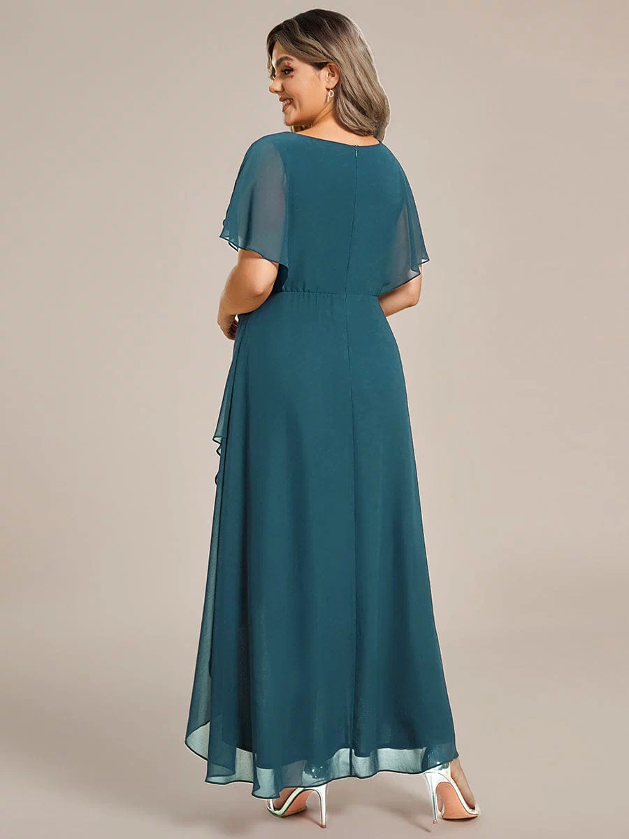 Plus Size Chiffon Midi A-Line Ruffle Sleeves Bridesmaid Dress #color_Teal