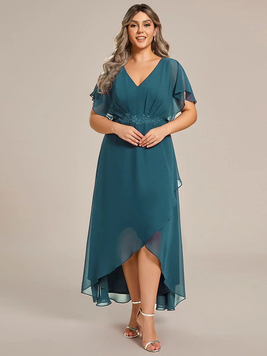 Plus Size Chiffon Midi A-Line Ruffle Sleeves Bridesmaid Dress #color_Teal