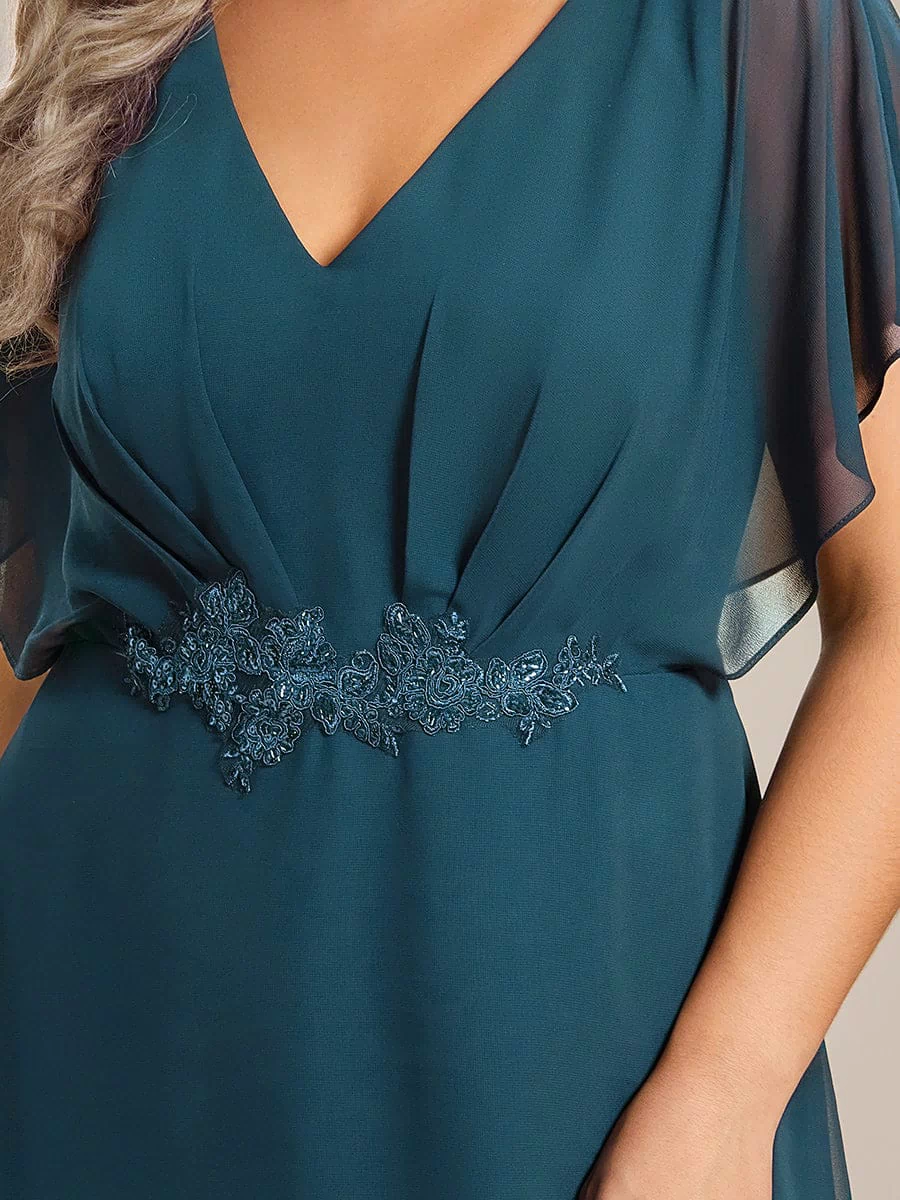 Plus Size Chiffon Midi A-Line Ruffle Sleeves Bridesmaid Dress #color_Teal