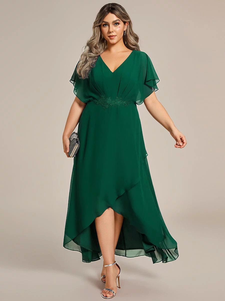 Plus Size Chiffon Midi A-Line Ruffle Sleeves Bridesmaid Dress #color_Dark Green