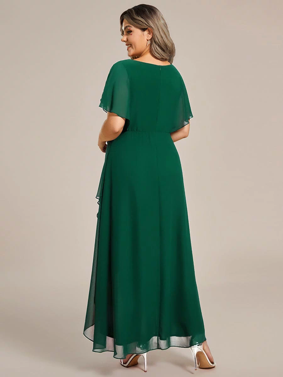 Plus Size Chiffon Midi A-Line Ruffle Sleeves Bridesmaid Dress #color_Dark Green