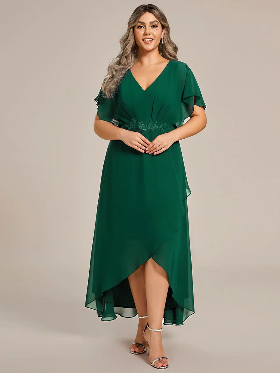 Plus Size Chiffon Midi A-Line Ruffle Sleeves Bridesmaid Dress #color_Dark Green