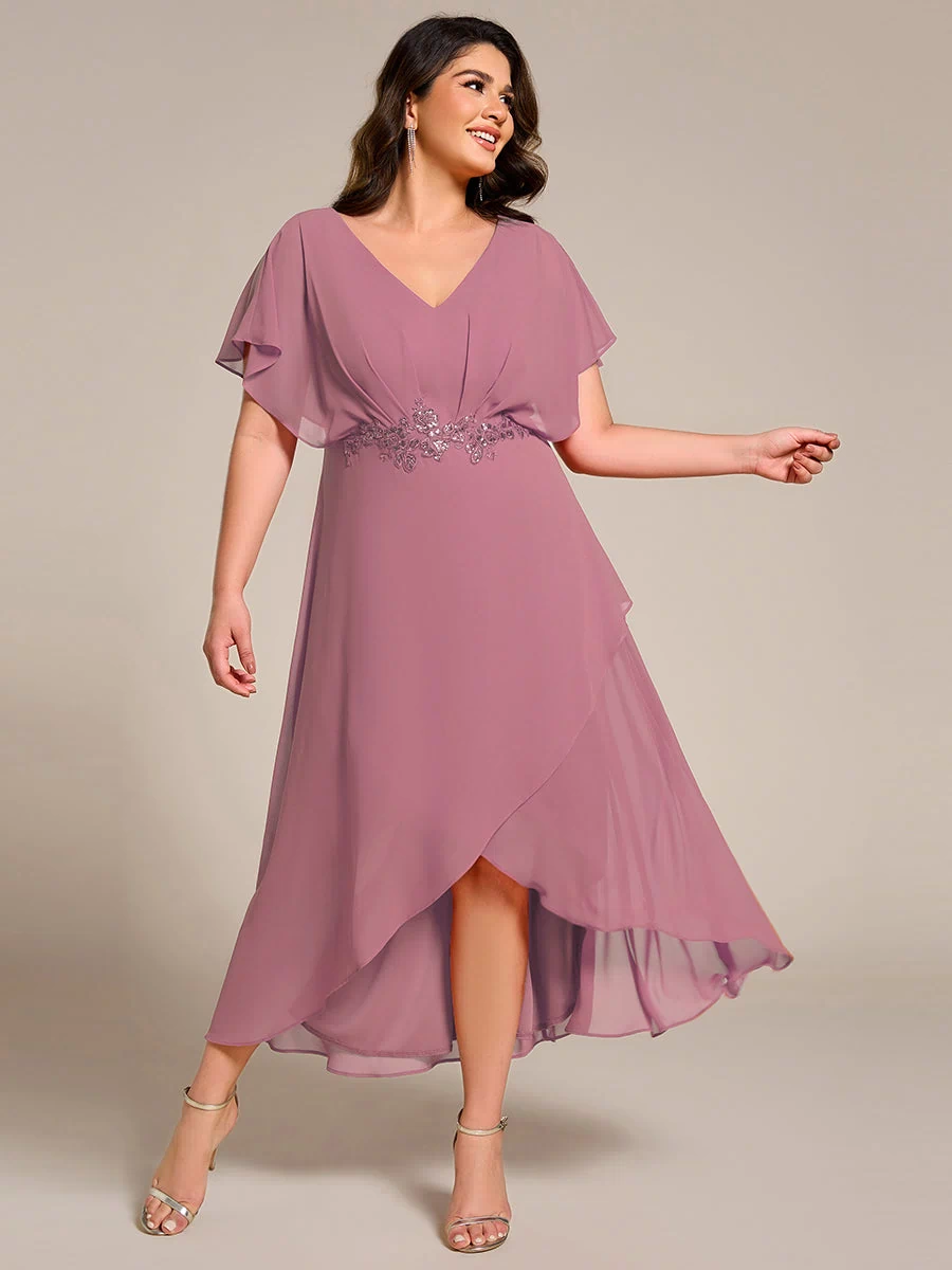 Plus Size Chiffon Midi A-Line Ruffle Sleeves Bridesmaid Dress #color_Purple Orchid